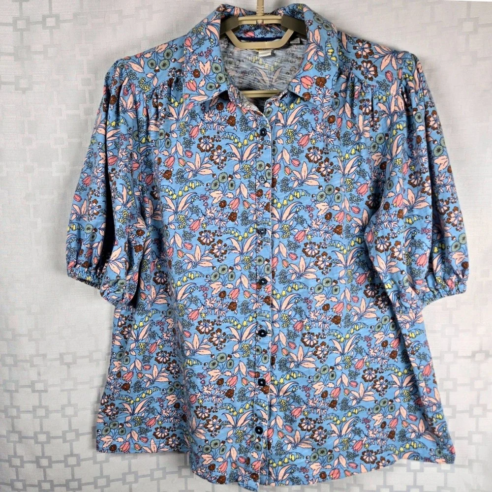 Boden Blue Floral Cotton Slub Jersey Puff Sleeve Button Front Top US 8